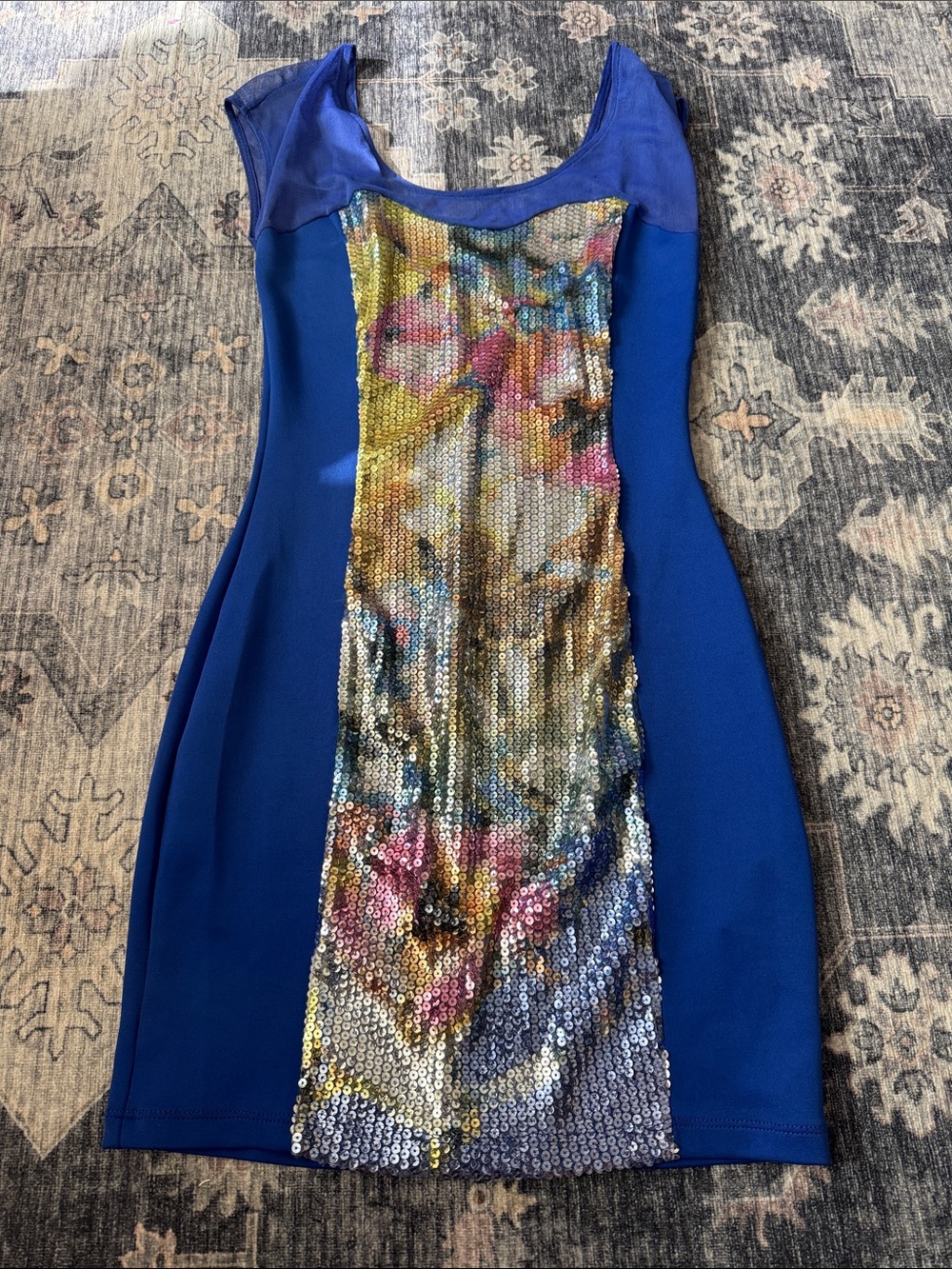 Material Girl Cobalt Blue Mini Dress with Multicolor Sequin Panel